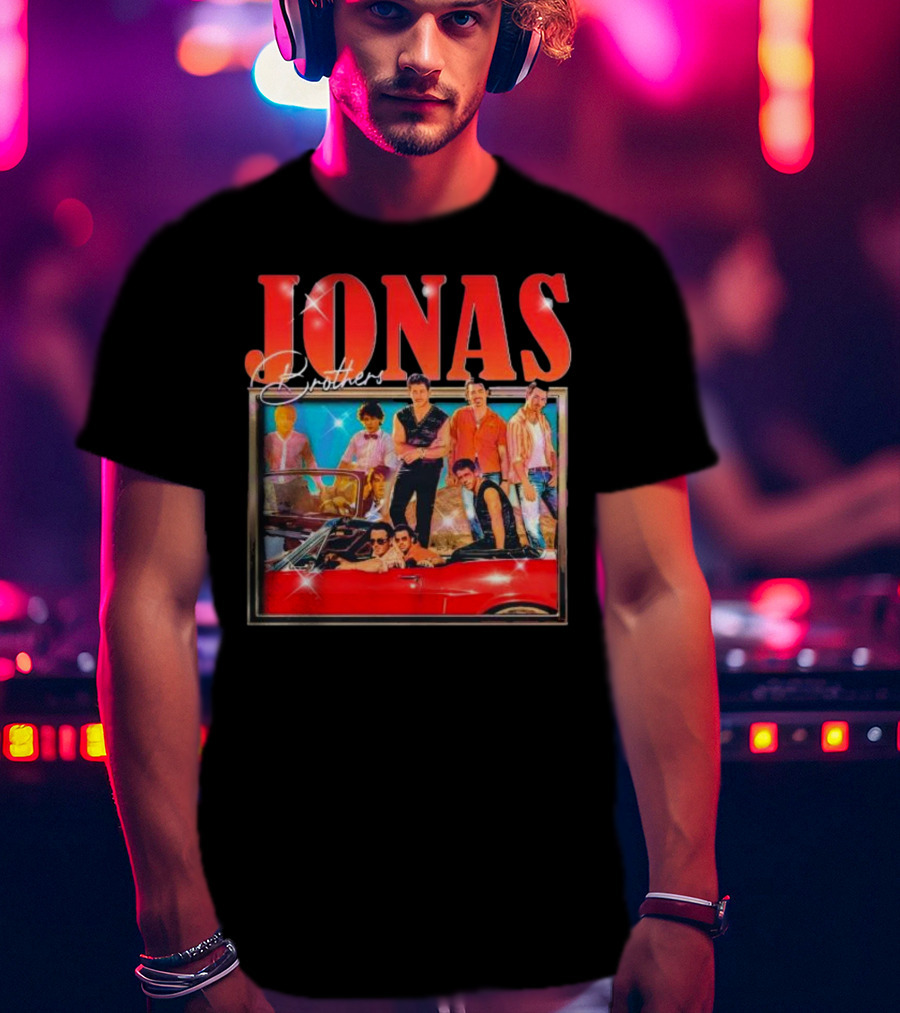 Jonas Brothers Band Retro Group Photo With Red Convertible T-Shirt