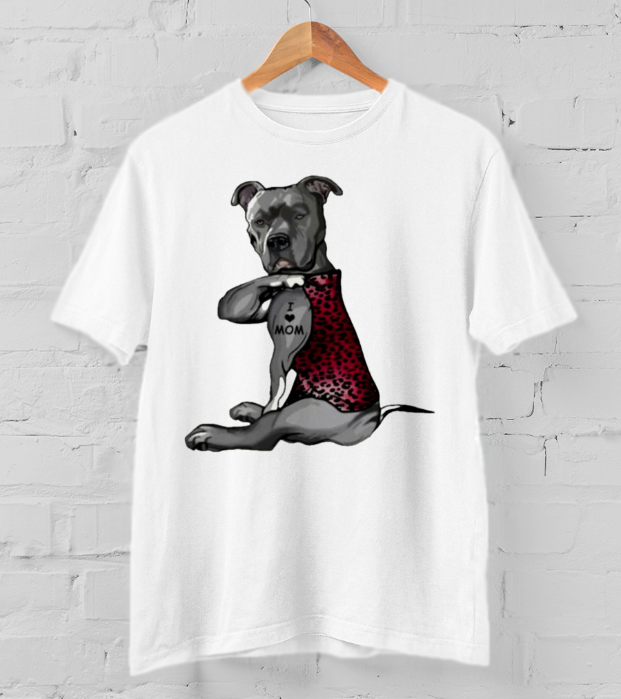 I Love Mom Dog Tattoo Red Leopard Print T-Shirt