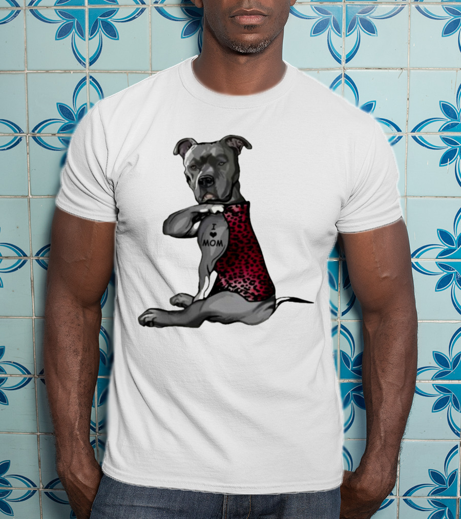 I Love Mom Dog Tattoo Red Leopard Print T-Shirt