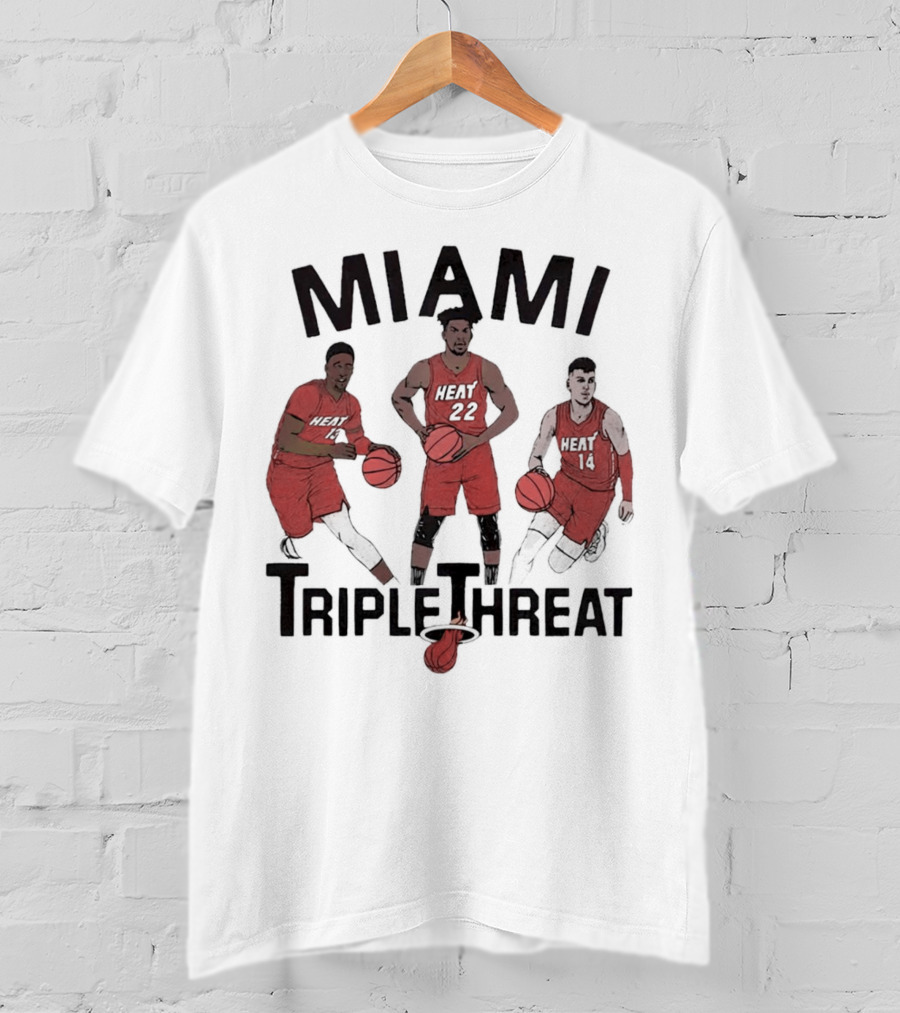 Miami Heat Bam Adebayo Jimmy Butler Tyler Herro Triple Threat T-Shirt