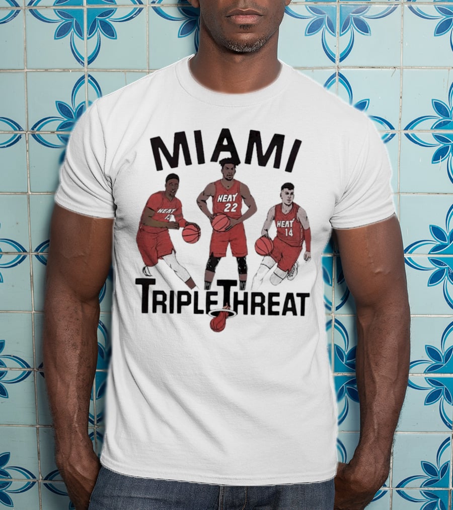 Miami Heat Bam Adebayo Jimmy Butler Tyler Herro Triple Threat T-Shirt