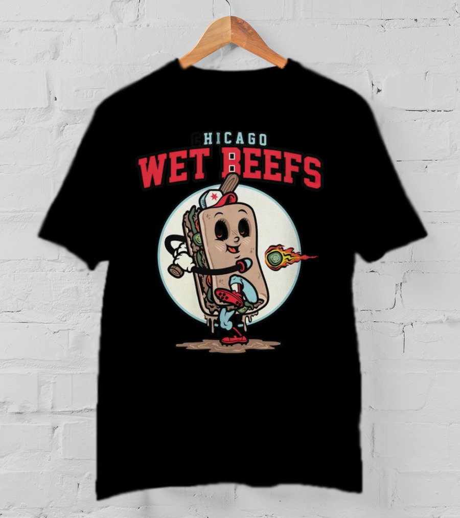 Chicago Wet Beefs Sandwich Character With Baseball Bat And Flaming Baseball T-Shirt