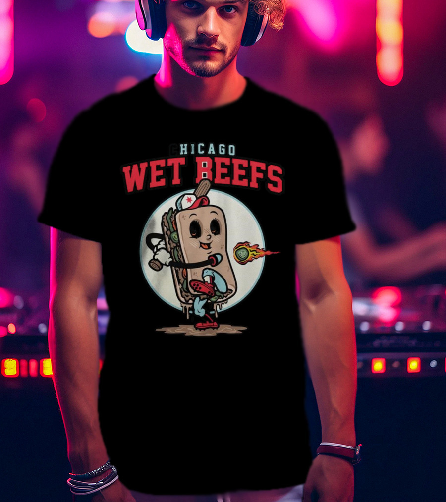 Chicago Wet Beefs Sandwich Character With Baseball Bat And Flaming Baseball T-Shirt