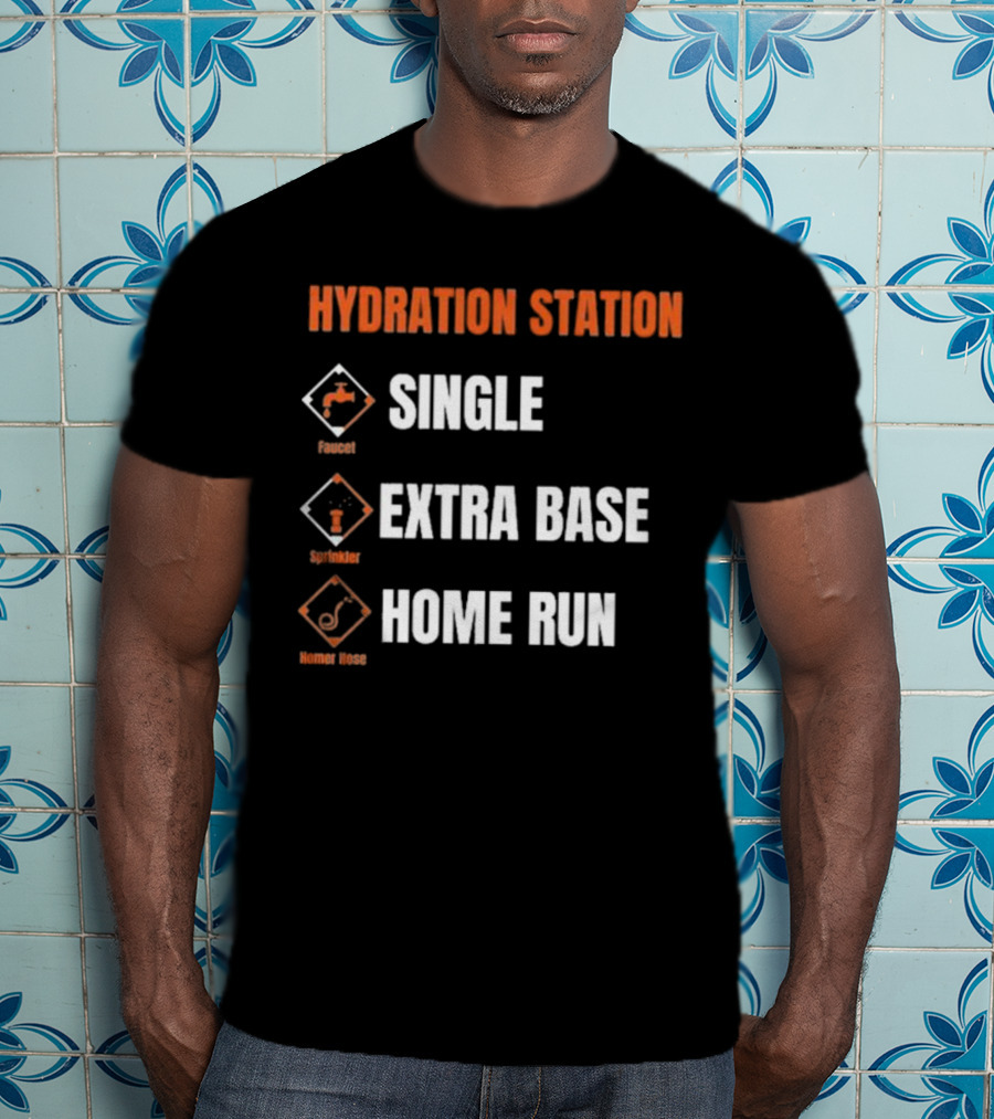 Hydration Station Baltimore Orioles Single Extra Base Home Run Faucet Sprinkler Homer Hose T-Shirt