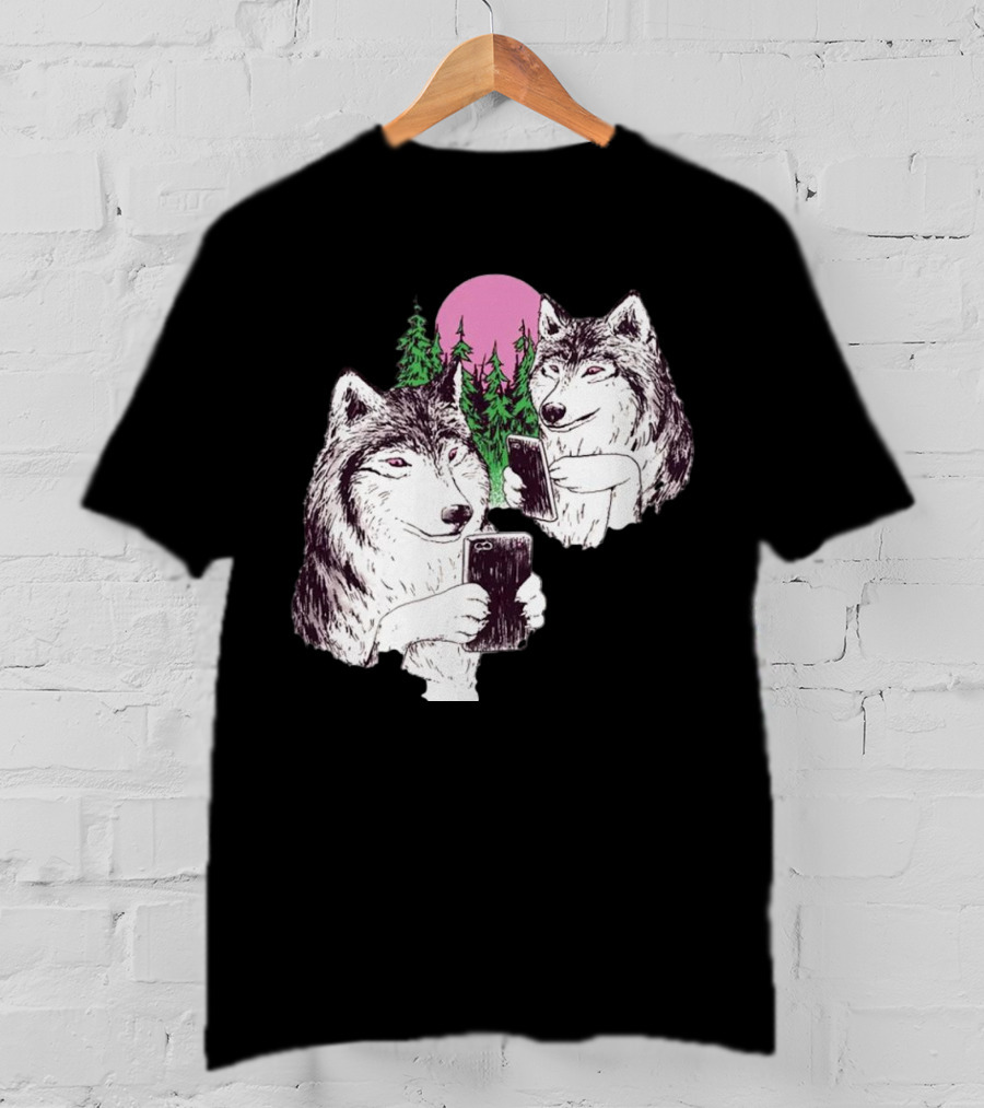 There Are Two Wolves Inside You Both On Smartphones Against A Pink Moon And Pine Trees T-Shirt