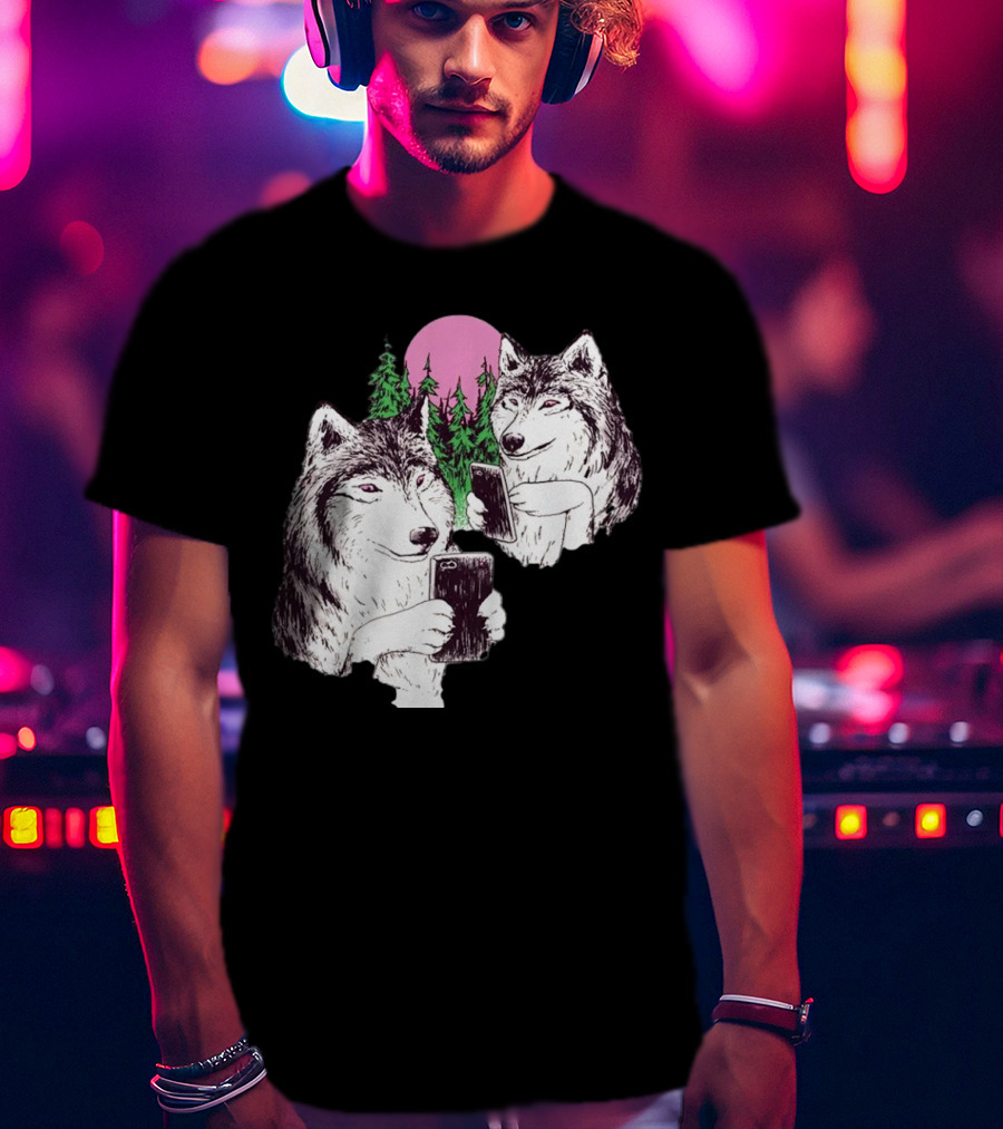 There Are Two Wolves Inside You Both On Smartphones Against A Pink Moon And Pine Trees T-Shirt
