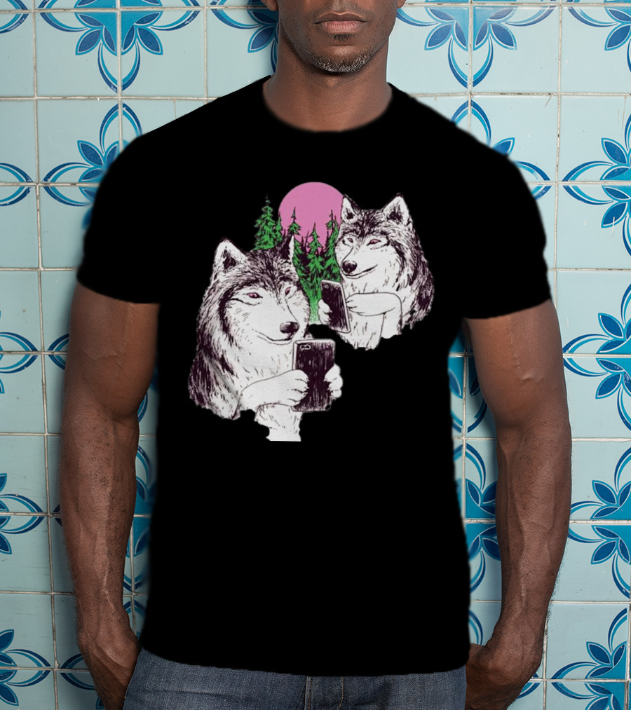 There Are Two Wolves Inside You Both On Smartphones Against A Pink Moon And Pine Trees T-Shirt