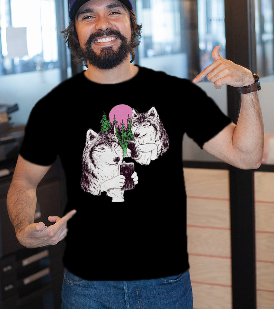 There Are Two Wolves Inside You Both On Smartphones Against A Pink Moon And Pine Trees T-Shirt