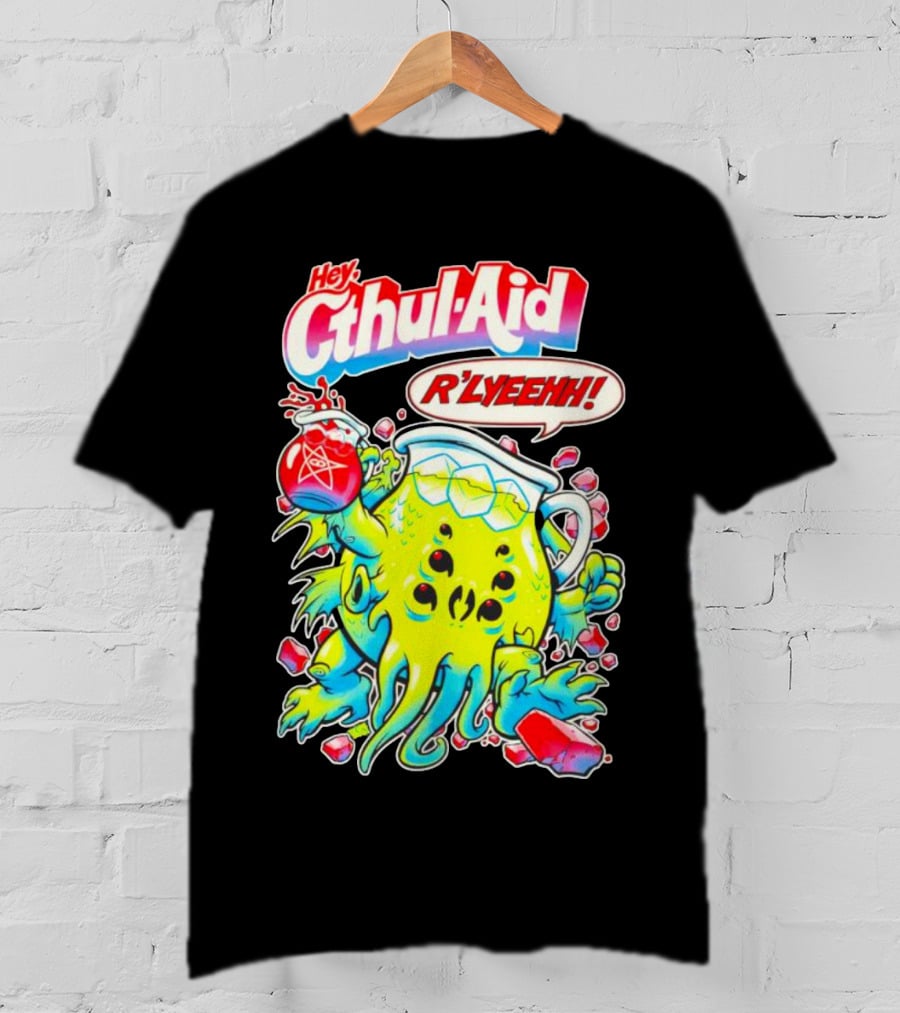 Hey Cthul-Aid R'lyeehh Monster Holding Pentagram Drink With Tentacles T-Shirt
