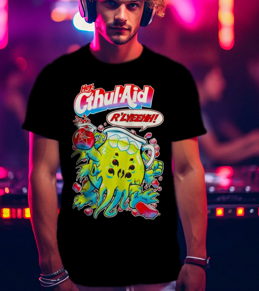 Hey Cthul-Aid R'lyeehh Monster Holding Pentagram Drink With Tentacles T-Shirt