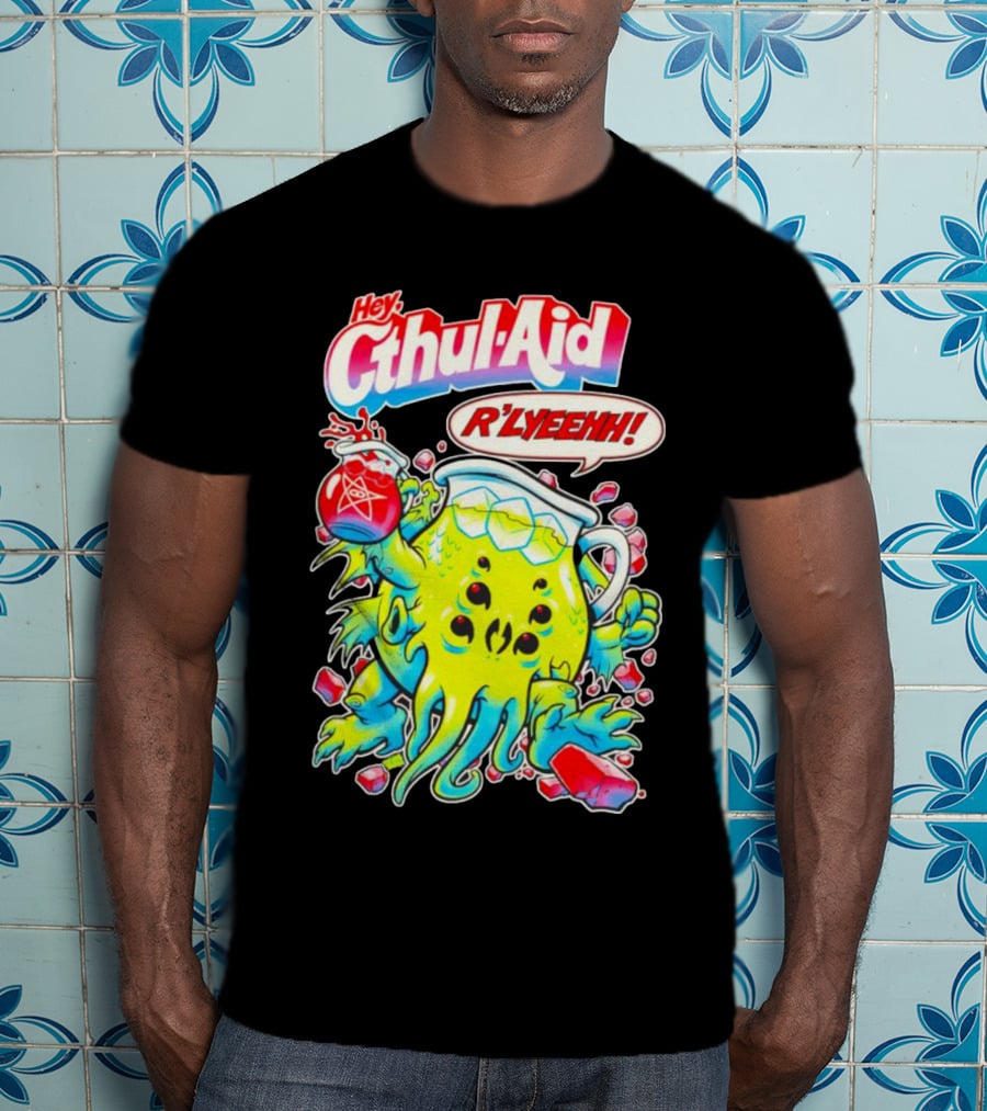 Hey Cthul-Aid R'lyeehh Monster Holding Pentagram Drink With Tentacles T-Shirt