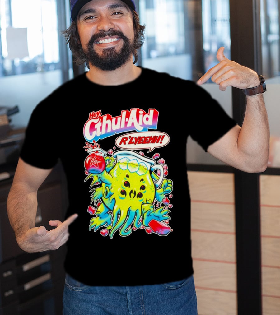 Hey Cthul-Aid R'lyeehh Monster Holding Pentagram Drink With Tentacles T-Shirt