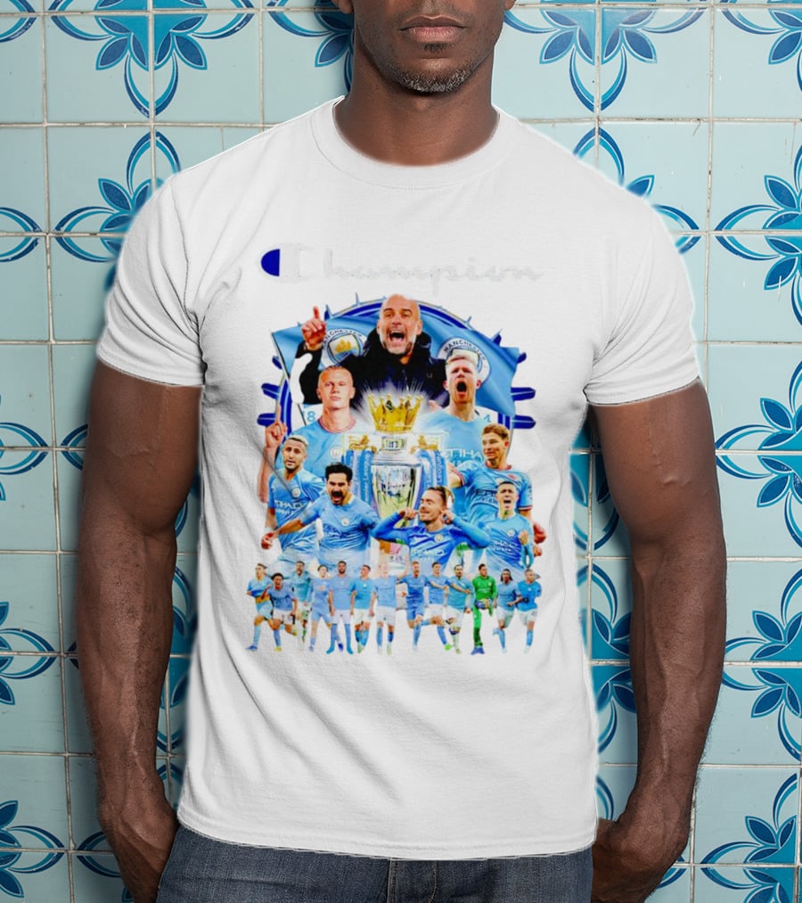 Manchester City Champion Team Celebration With Trophy And Players T-Shirt