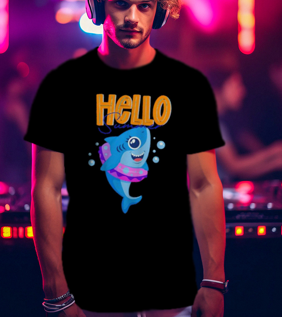 Hello Summer Shark With Swim Ring And Bubbles T-Shirt