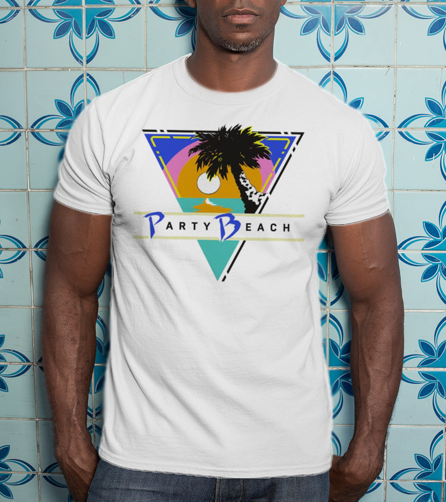 Party Beach Sunset Palm Tree Retro Triangle T-Shirt