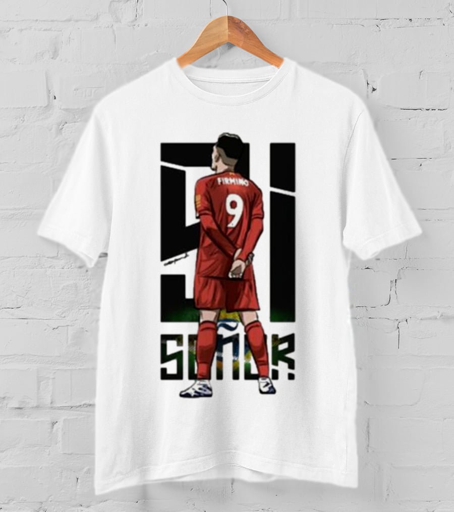Roberto Firmino Si Señor 9 Football Player In Red Kit With Brazil Flag Background T-Shirt