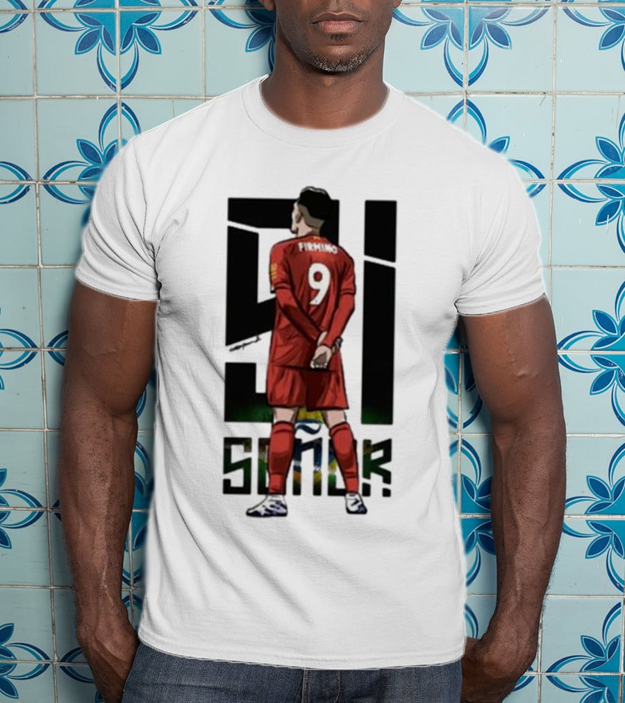 Roberto Firmino Si Señor 9 Football Player In Red Kit With Brazil Flag Background T-Shirt