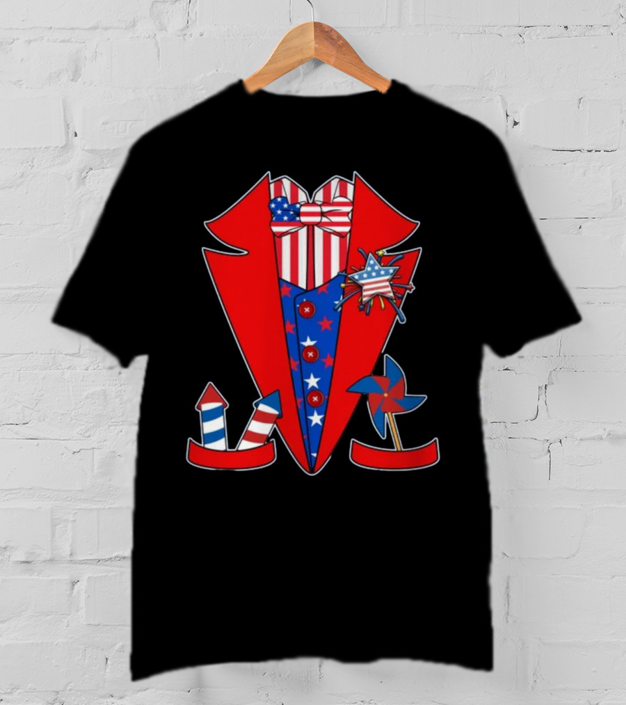 Patriotic Stars And Stripes Tuxedo With Fireworks And Pinwheel T-Shirt