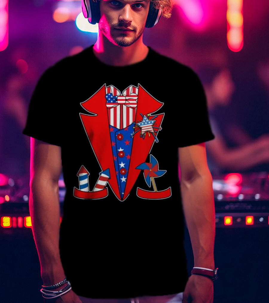 Patriotic Stars And Stripes Tuxedo With Fireworks And Pinwheel T-Shirt