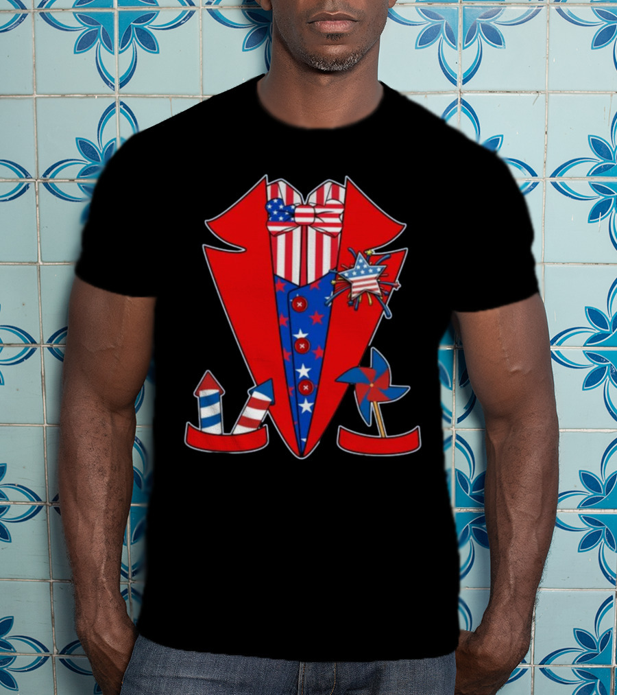 Patriotic Stars And Stripes Tuxedo With Fireworks And Pinwheel T-Shirt