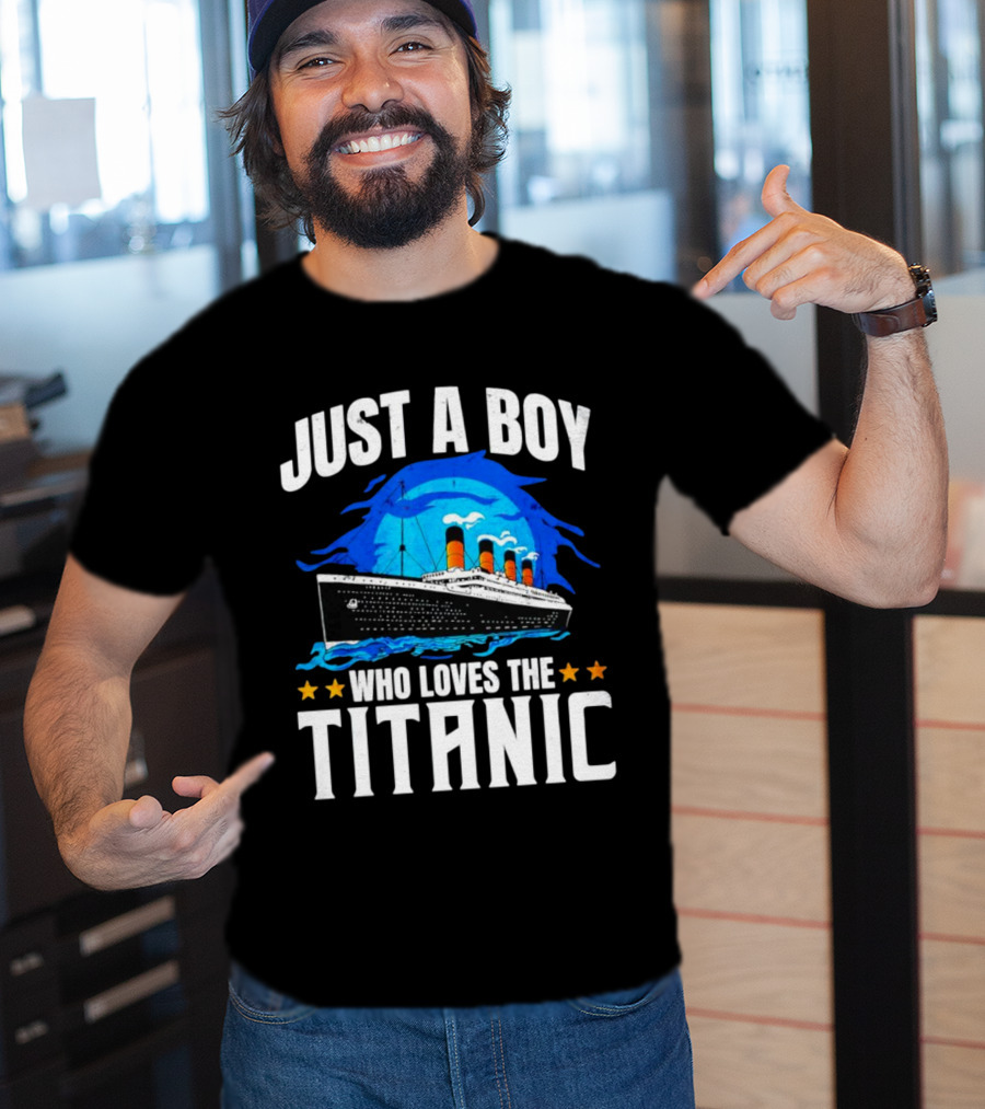 Just A Boy Who Loves The Titanic Ship With Blue Ocean And Stars T-Shirt