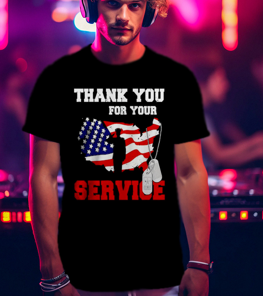 Thank You For Your Service American Flag Silhouette With Dog Tags T-Shirt