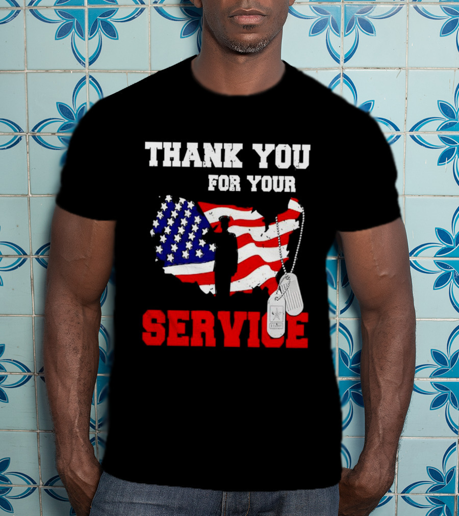 Thank You For Your Service American Flag Silhouette With Dog Tags T-Shirt