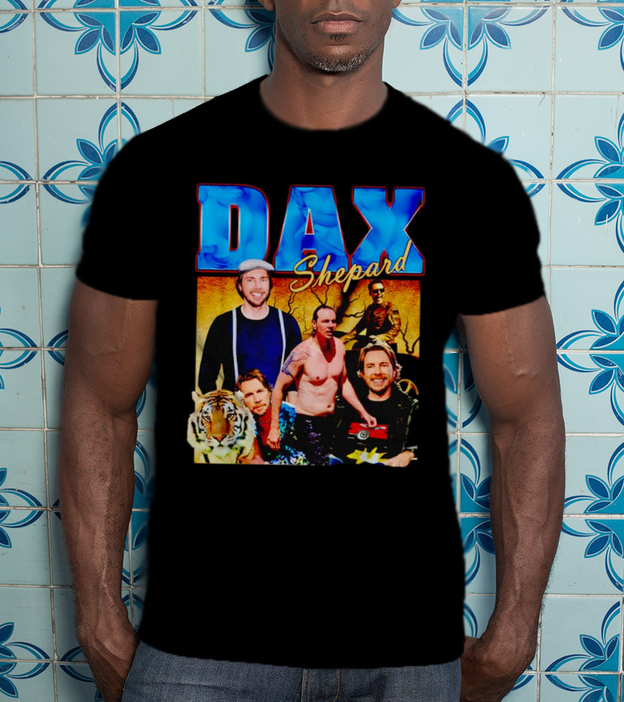 Dax Shepard Vintage Collage With Blue Text And Tiger T-Shirt