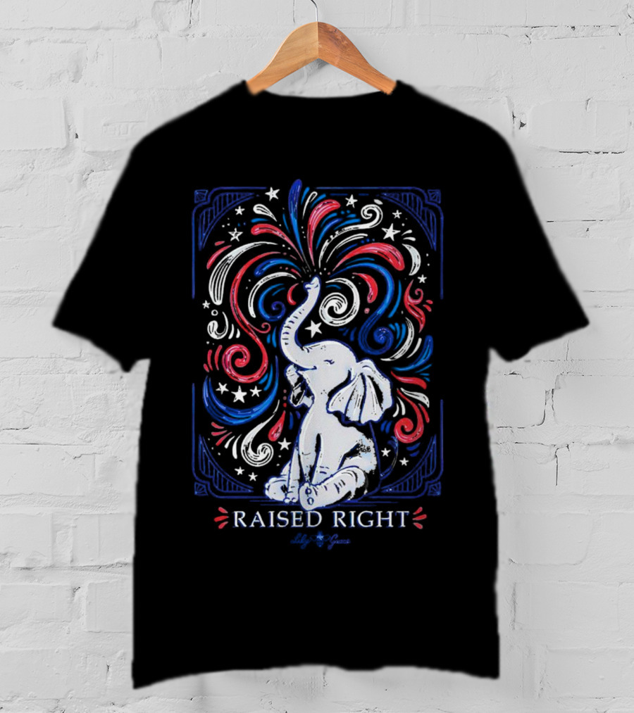 Elephant Raised Right Fireworks Red White Blue Stars T-Shirt