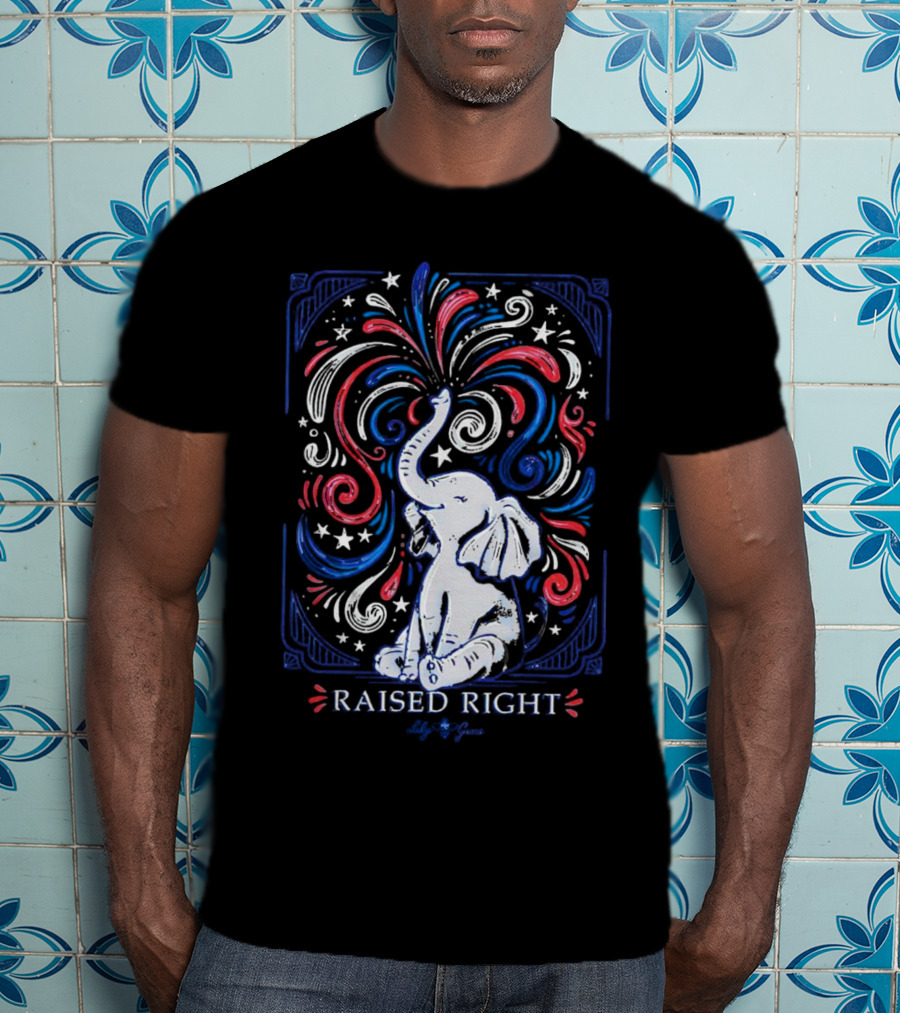 Elephant Raised Right Fireworks Red White Blue Stars T-Shirt