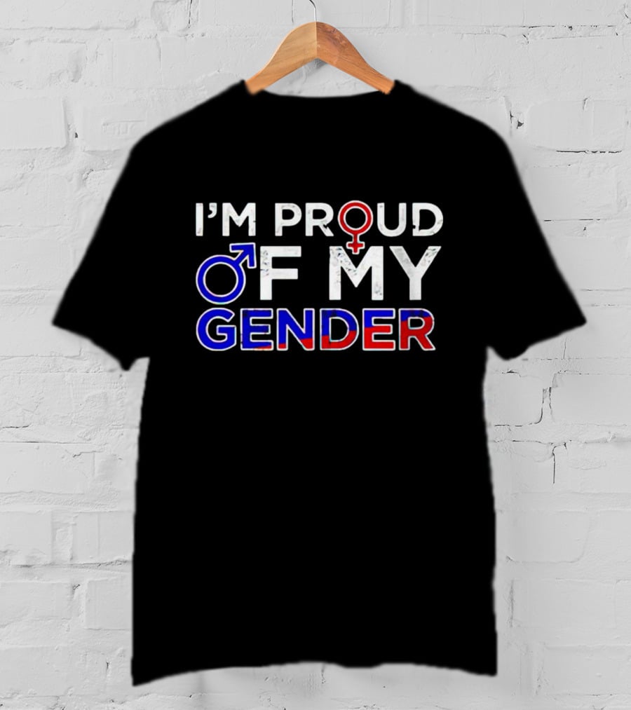 I’m Proud Of My Gender With Male And Female Symbols In Red, White, And Blue T-Shirt