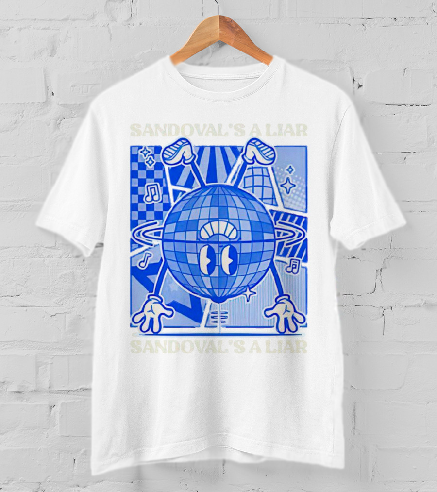 Sandoval's A Liar Blue Globe Cartoon Music Notes Geometric Background T-Shirt
