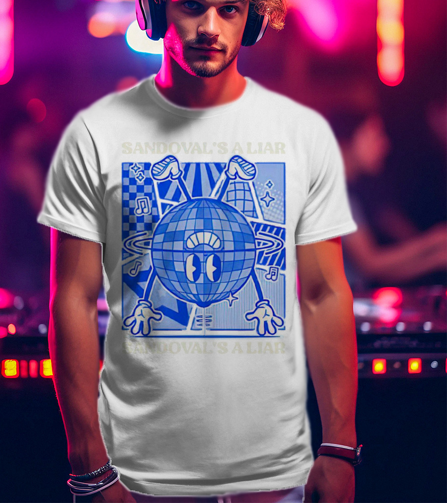 Sandoval's A Liar Blue Globe Cartoon Music Notes Geometric Background T-Shirt