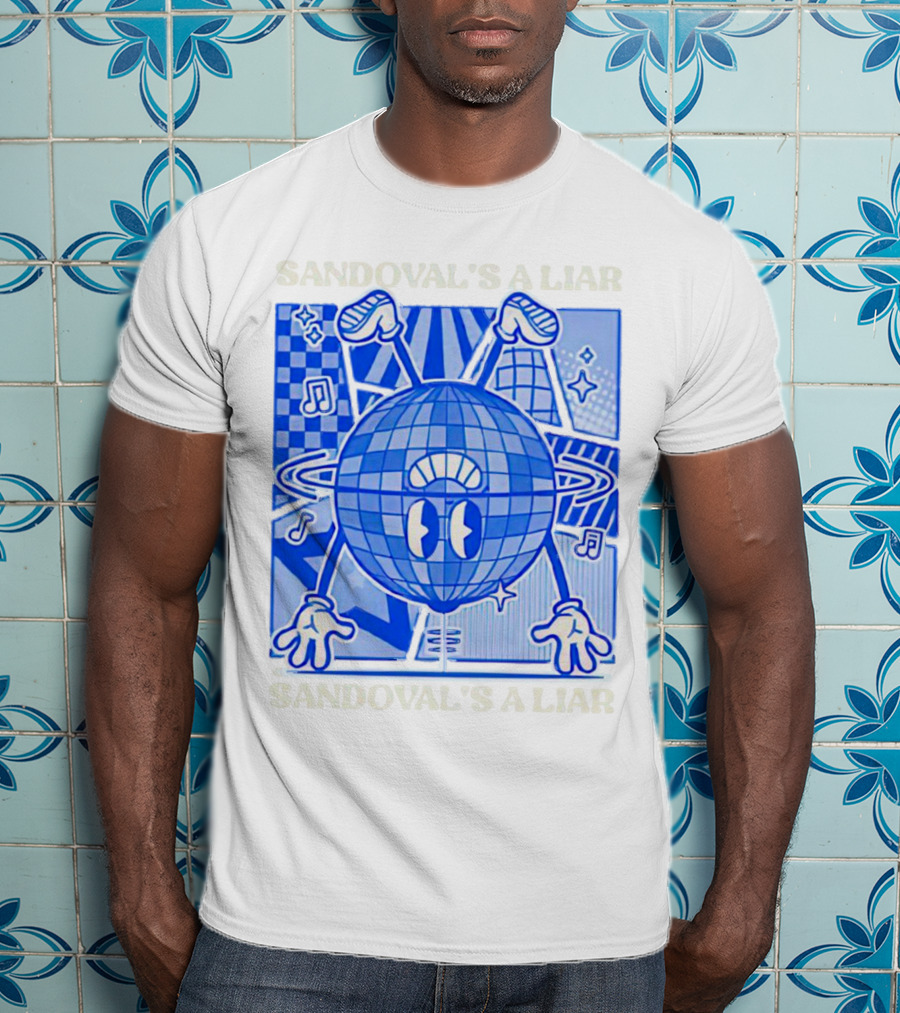 Sandoval's A Liar Blue Globe Cartoon Music Notes Geometric Background T-Shirt