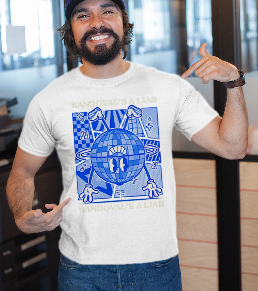 Sandoval's A Liar Blue Globe Cartoon Music Notes Geometric Background T-Shirt