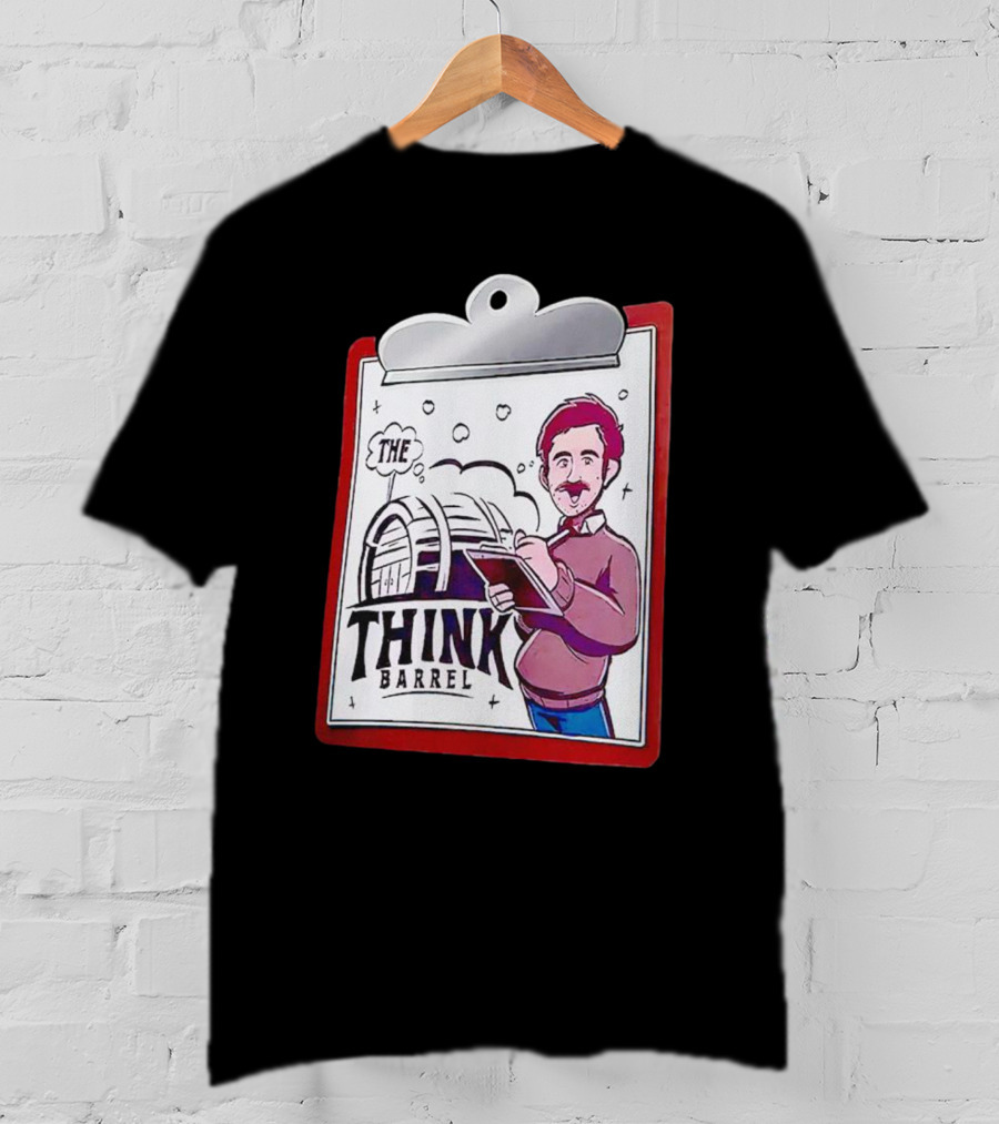 The Think Barrel Clipboard With Cartoon Character And Building Outline T-Shirt
