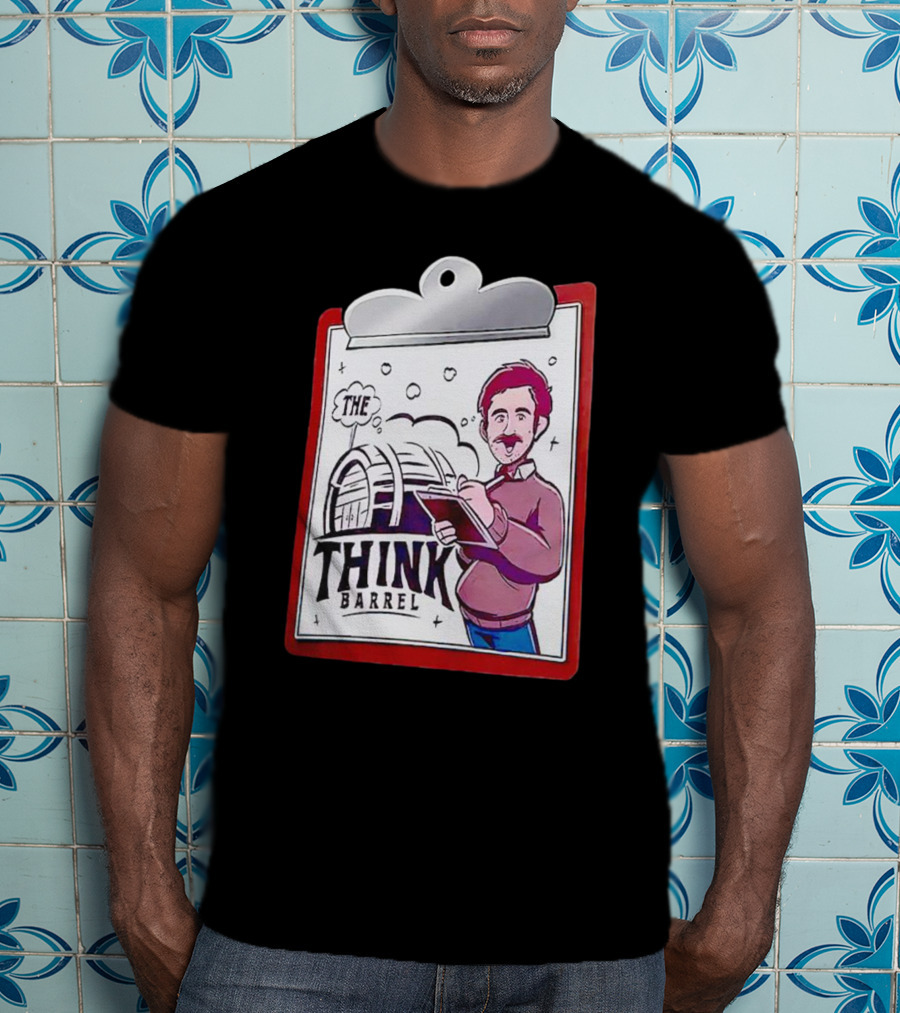 The Think Barrel Clipboard With Cartoon Character And Building Outline T-Shirt