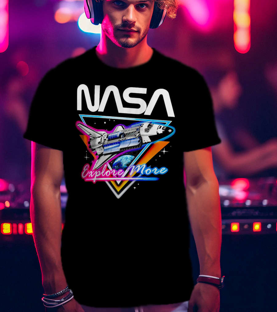 NASA Neon Glow Space Shuttle Explore More T-Shirt