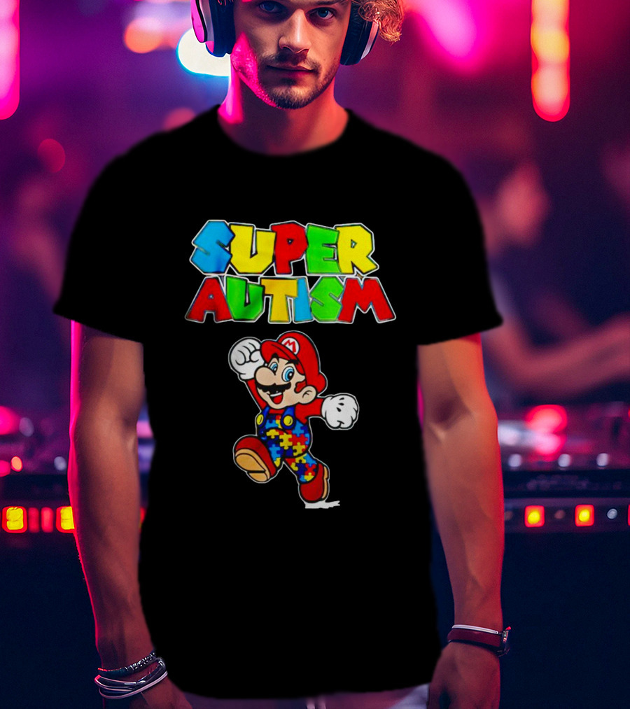 Super Autism Mario Puzzle Piece Overalls Iconic Character T-Shirt