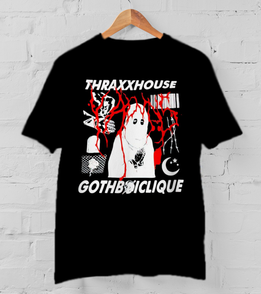 Thraxxhouse Gothboiclique Praying Figure With Barcode Rose Crescent Moon And Abstract Red Streaks T-Shirt