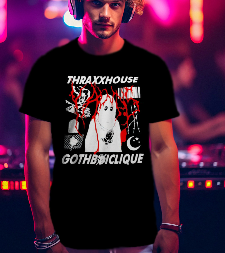 Thraxxhouse Gothboiclique Praying Figure With Barcode Rose Crescent Moon And Abstract Red Streaks T-Shirt