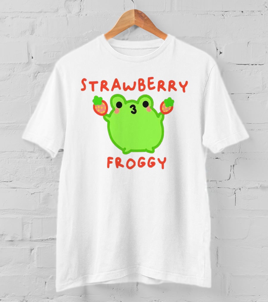 STRAWBERRY FROGGY Green Frog Holding Strawberries T-Shirt