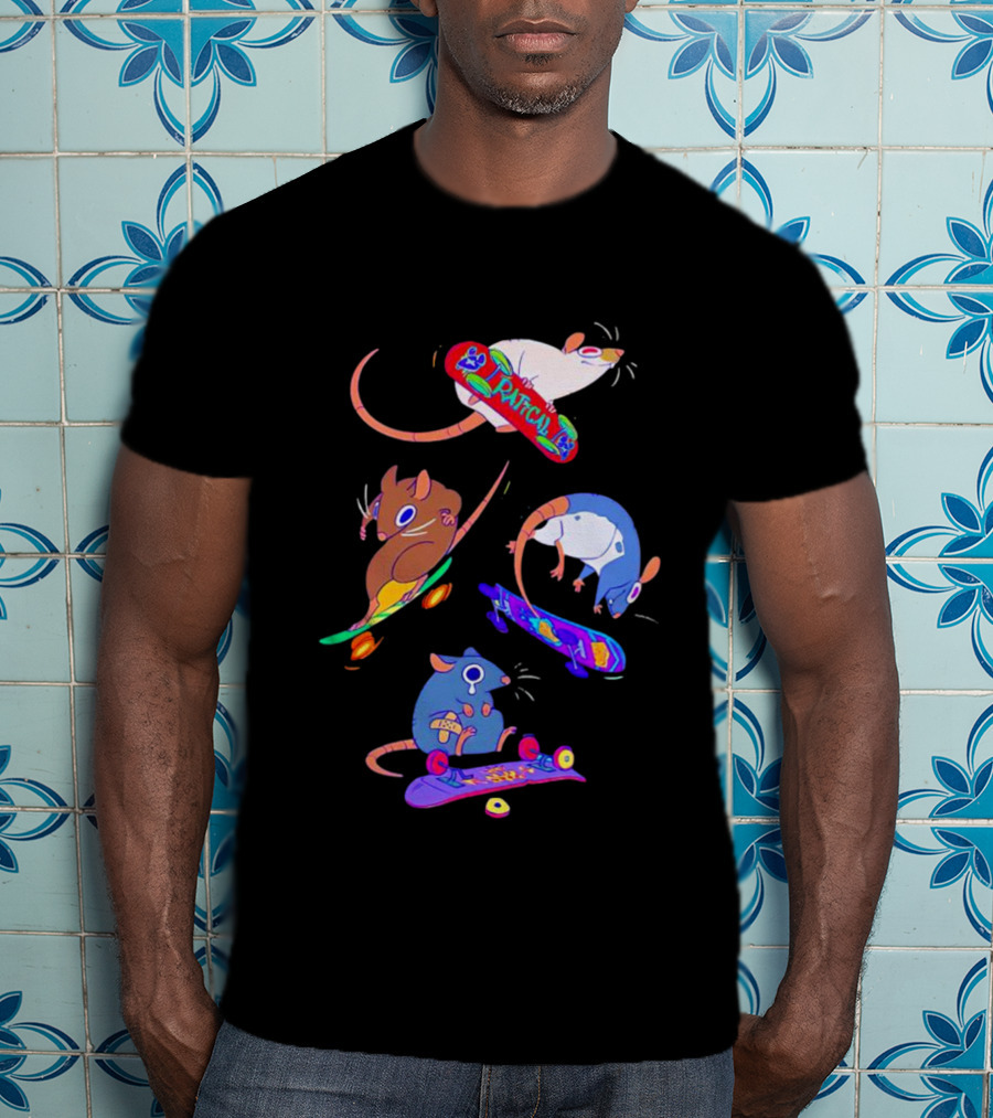 Skateboarding Ratical Rat Colorful Tricks T-Shirt