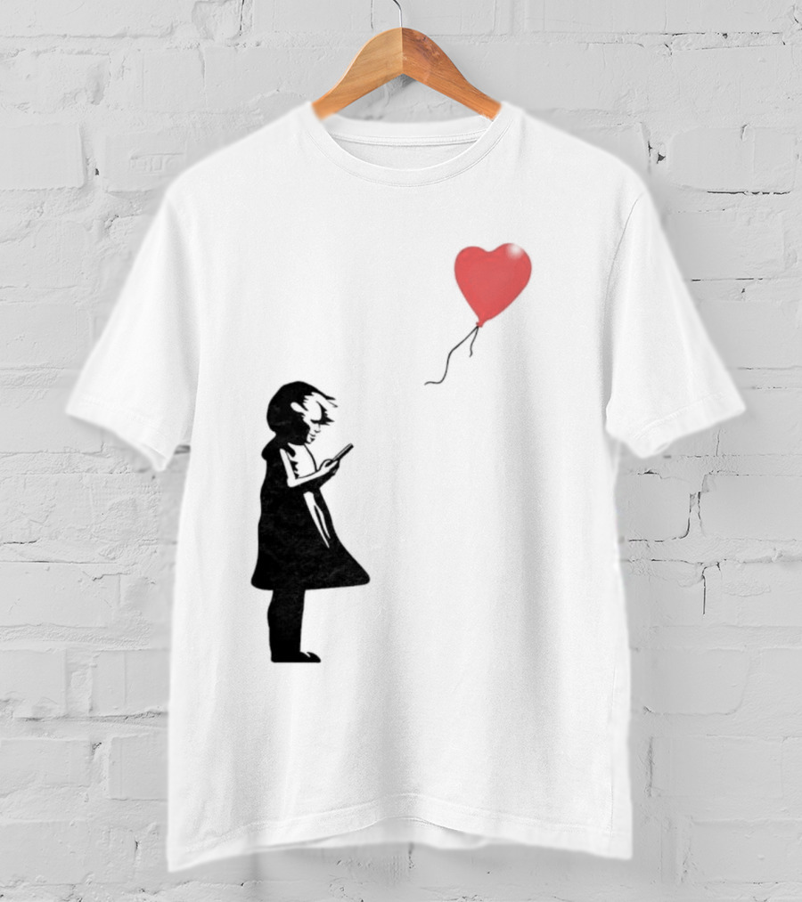 Girl With Phone Heart Balloon Black Dark Shadow T-Shirt