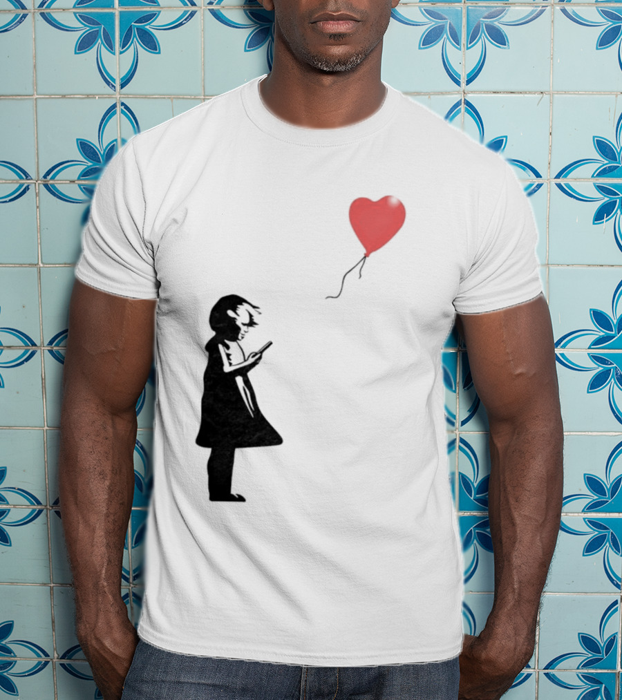 Girl With Phone Heart Balloon Black Dark Shadow T-Shirt