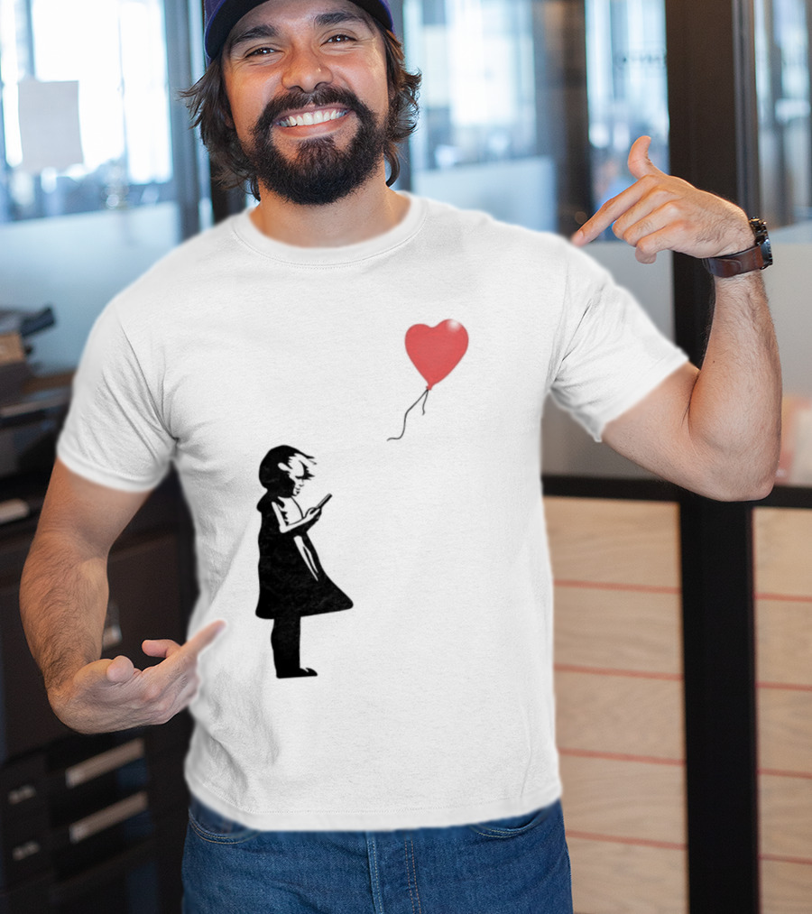 Girl With Phone Heart Balloon Black Dark Shadow T-Shirt