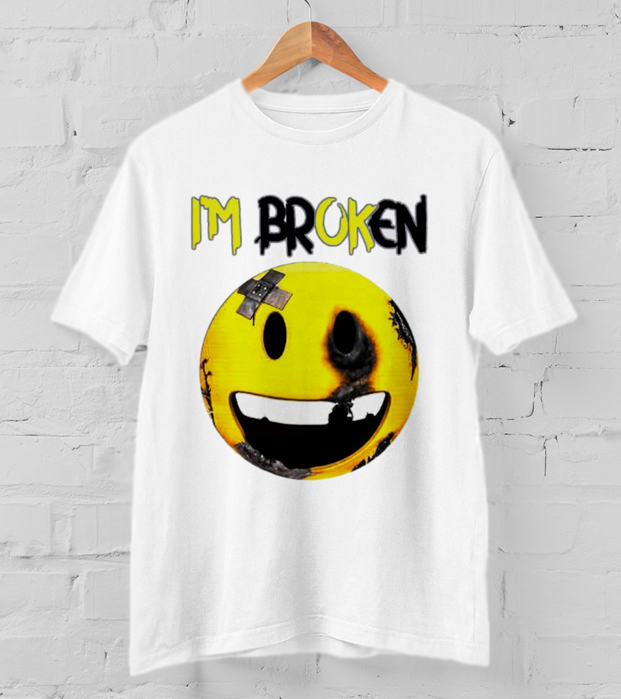 I'M BROKEN Smiley Burned And Patched Emo Smiley Face T-Shirt