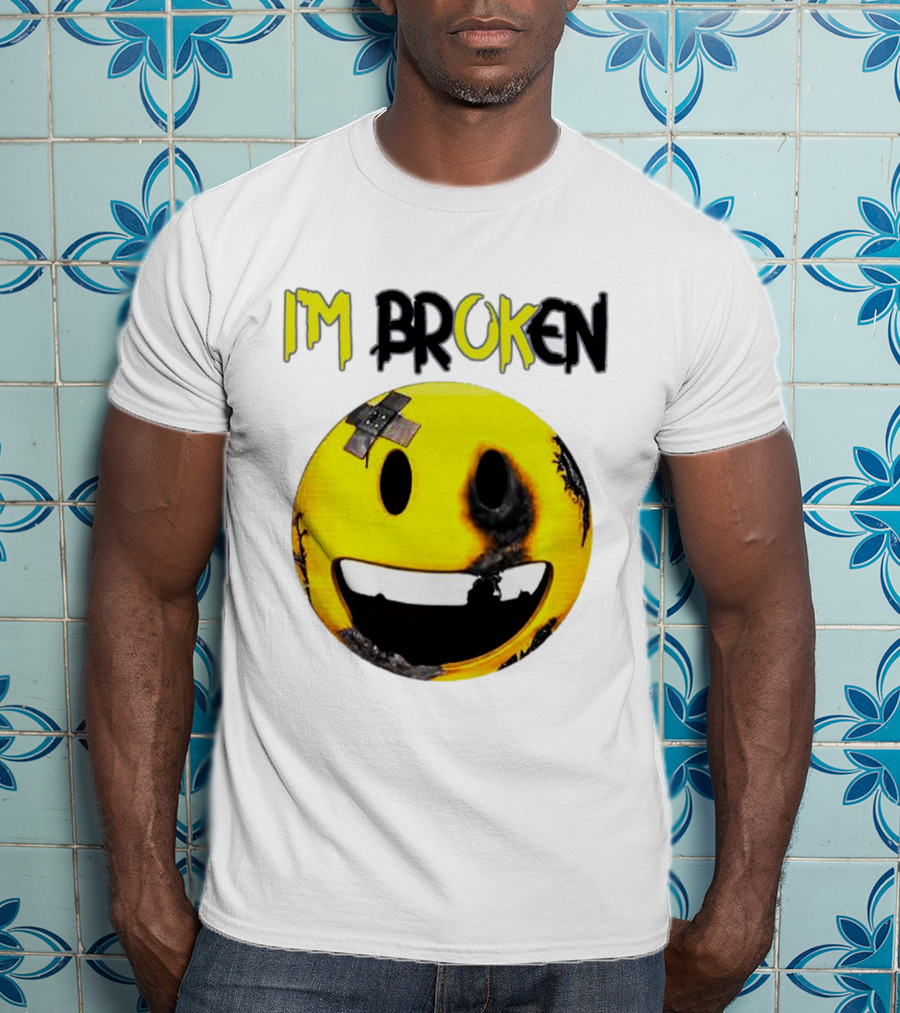 I'M BROKEN Smiley Burned And Patched Emo Smiley Face T-Shirt