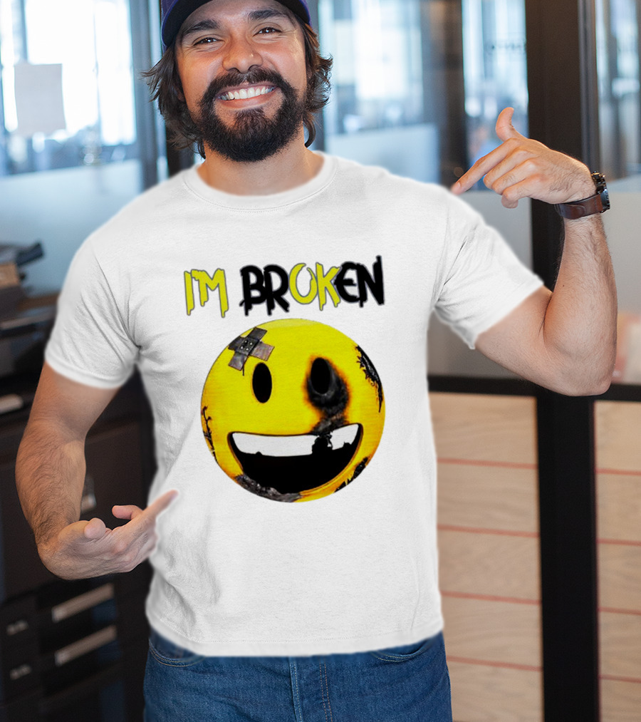 I'M BROKEN Smiley Burned And Patched Emo Smiley Face T-Shirt