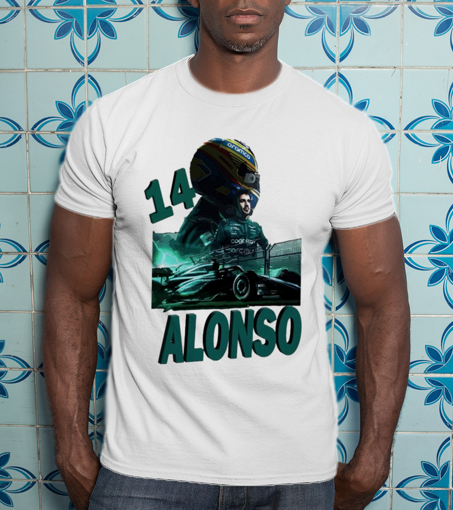 14 Alonso Aramco Racing Helmet And Car T-Shirt